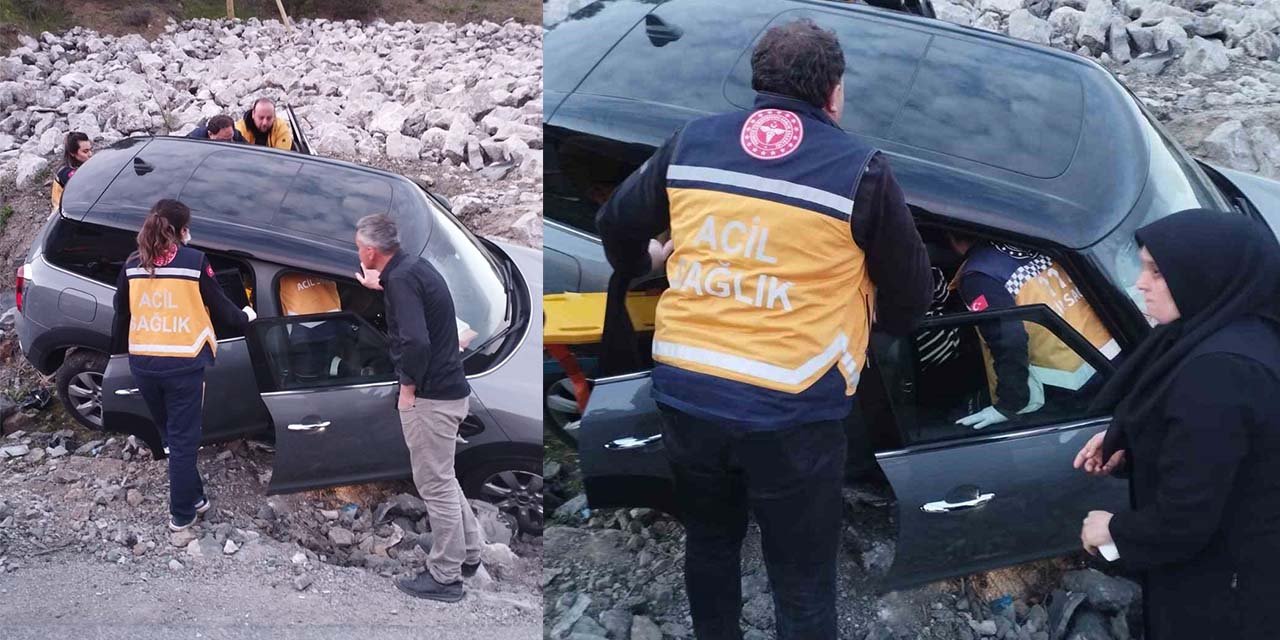 Yoldan çıkan otomobil istinat duvarına çarptı