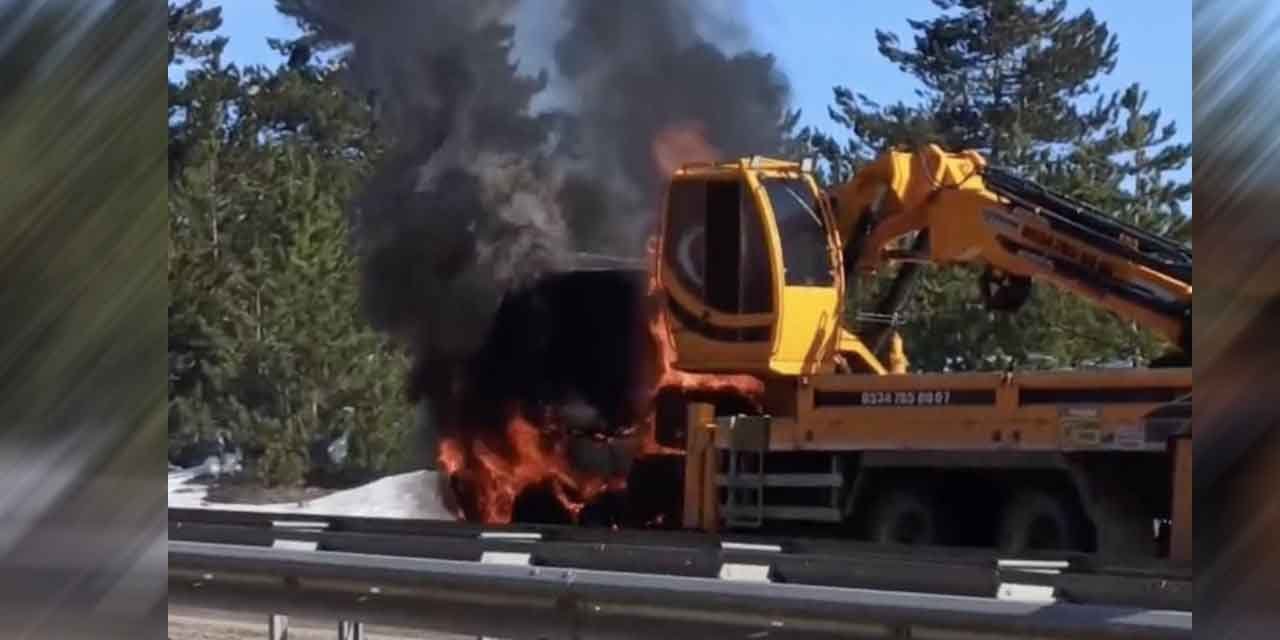 Seyir halindeki vinç alev alev yandı