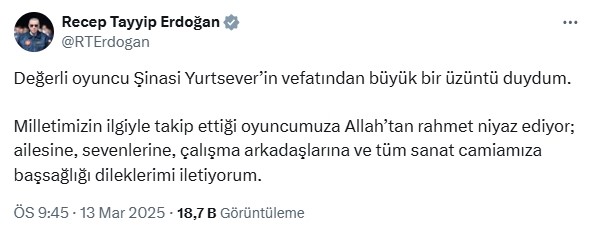 Cumhurbaşkanı Erdoğan’dan oyuncu Şinasi Yurtsever için taziye mesajı