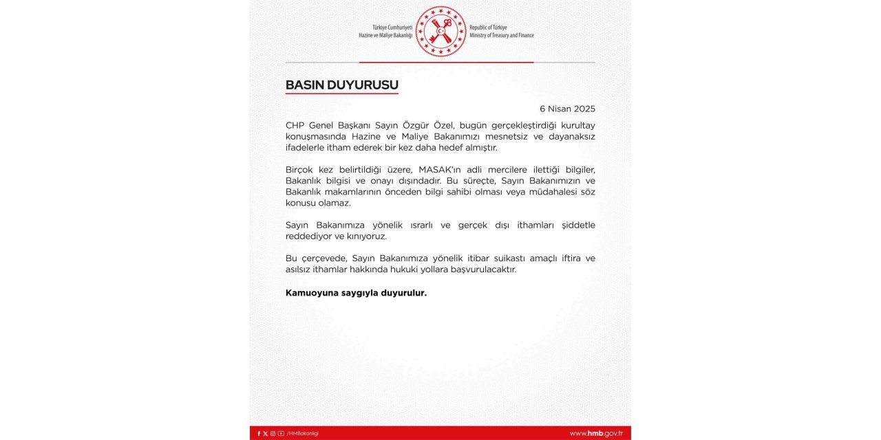 CHP Genel Başkanı Özel’in iddialarına Hazine ve Maliye Bakanlığı’ndan tepki