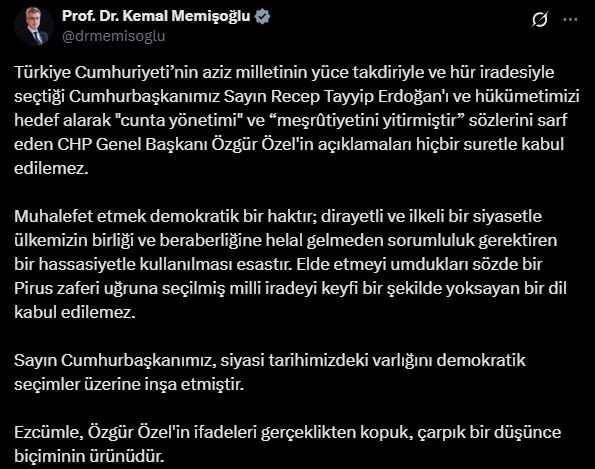 Bakan Memişoğlu’ndan Cumhurbaşkanını ve hükümeti hedef alan CHP Genel Başkanı Özel’e tepki