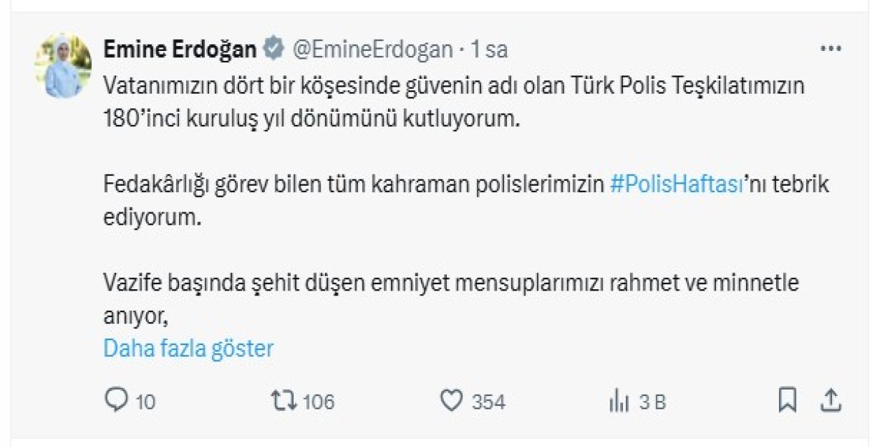 Emine Erdoğan, Türk Polis Teşkilat’ının 180’inci kuruluş yıl dönümünü kutladı