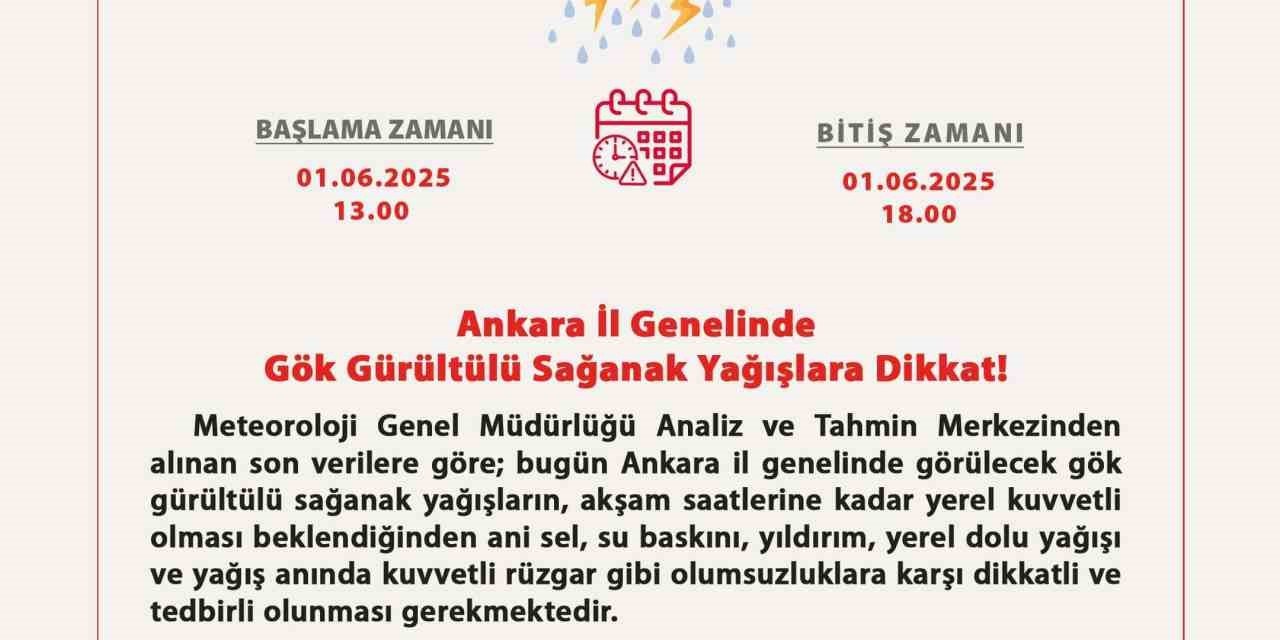 Ankara Valiliği’nden gök gürültülü sağanak yağış uyarısı