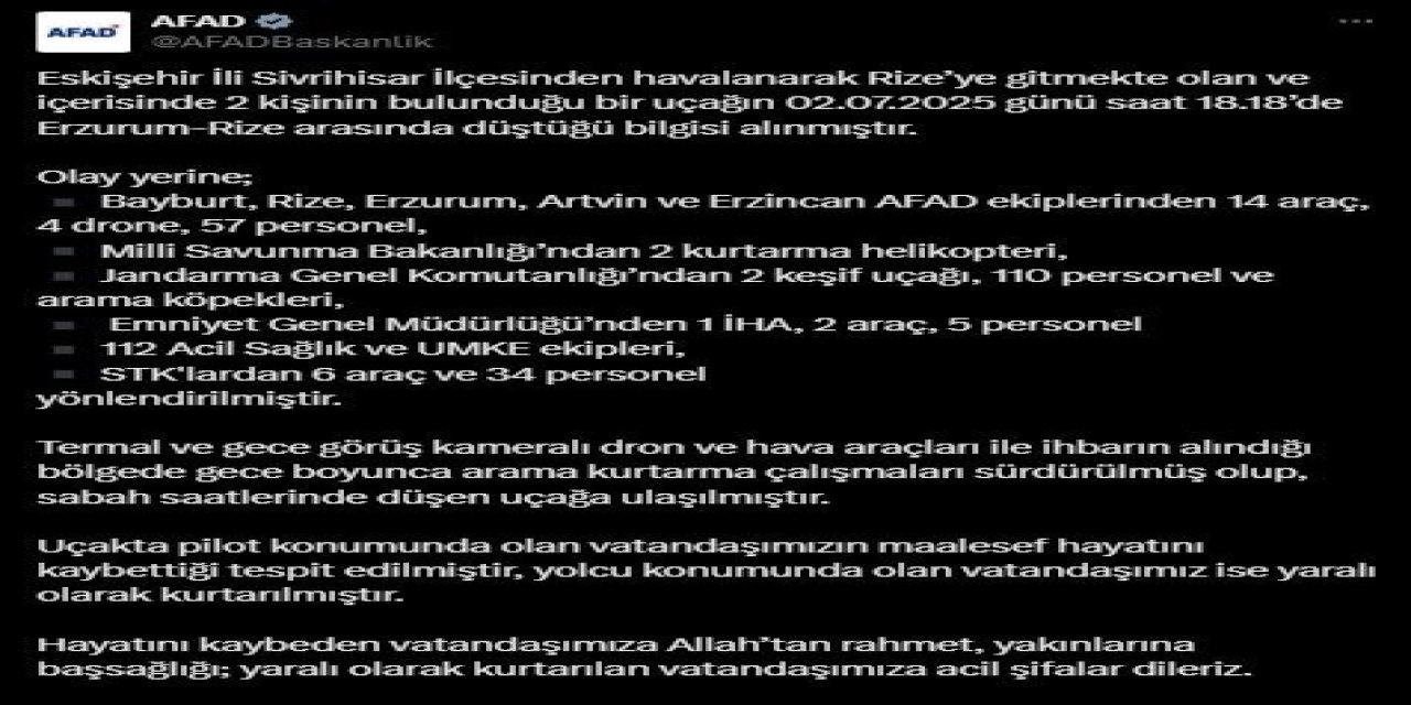 AFAD: "Eskişehir’den Rize’ye giderken düşen uçağın enkazına ulaşıldı"