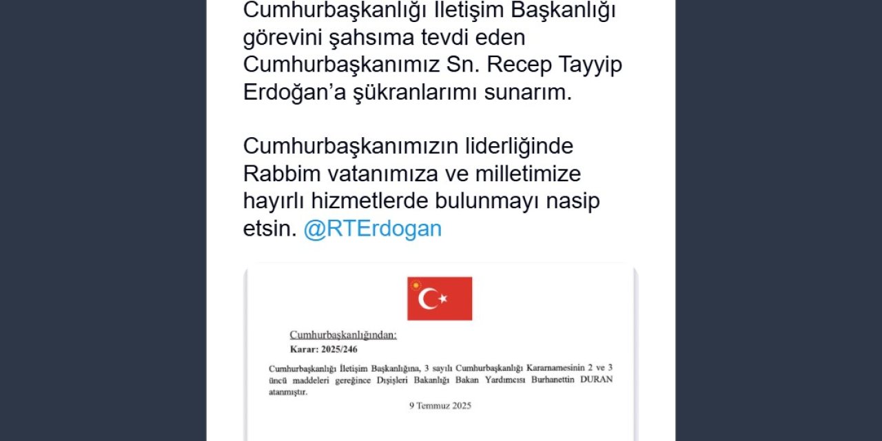 Burhanettin Duran, Cumhurbaşkanlığı İletişim Başkanlığına atandı