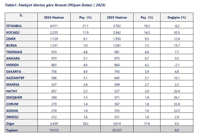 Ticaret Bakanlığı 2025 yılının ilk yarısında ihracatta ‘İllerin Performansı’nı çıkardı