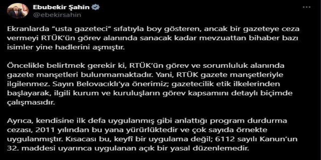 RTÜK Başkanı Şahin: "RTÜK gazete manşetleriyle ilgilenmez"