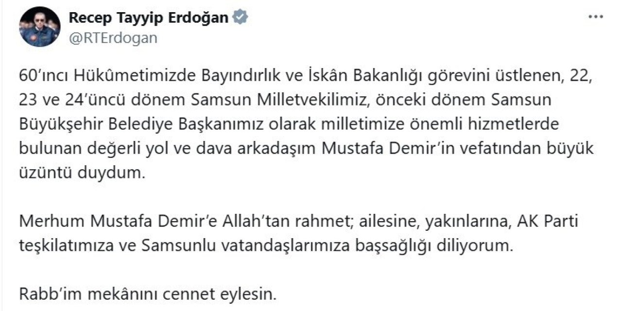 Cumhurbaşkanı Erdoğan’dan Mustafa Demir için taziye mesajı