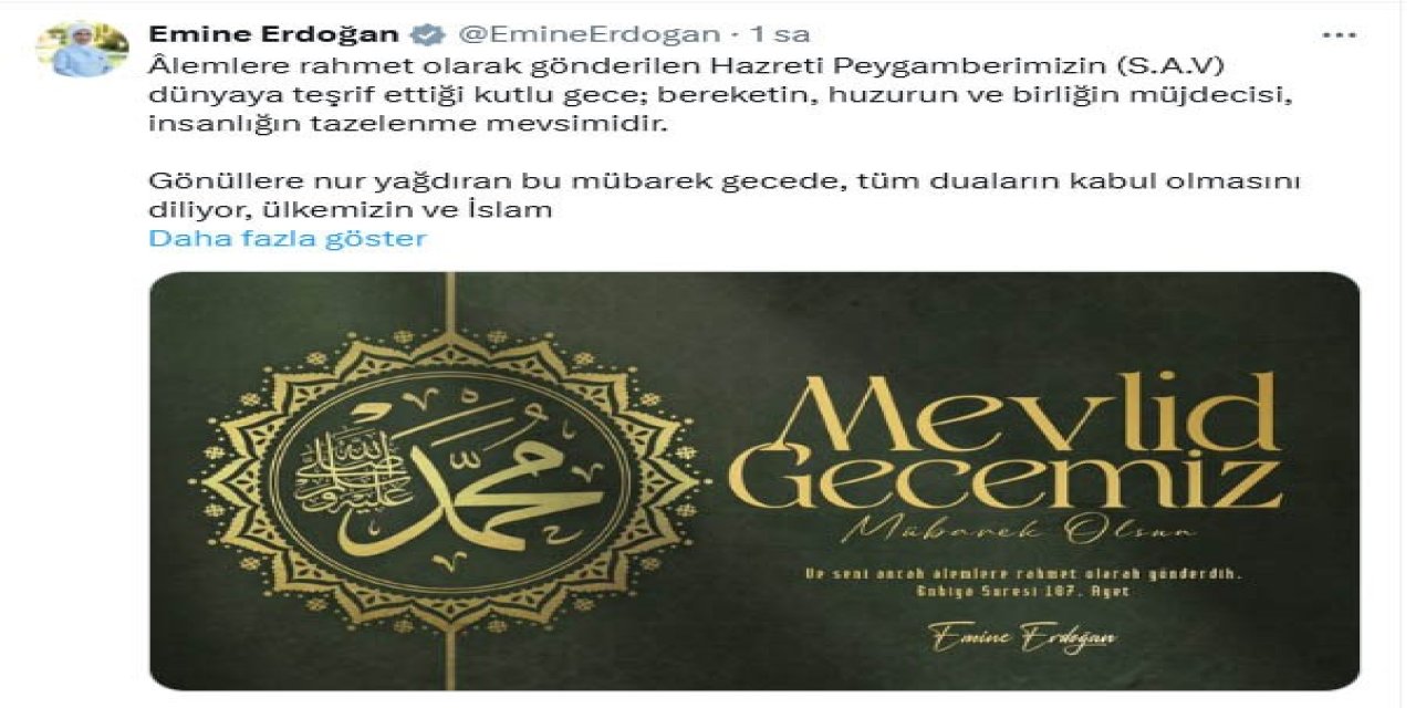 Emine Erdoğan’dan Mevlit Kandili mesajı: