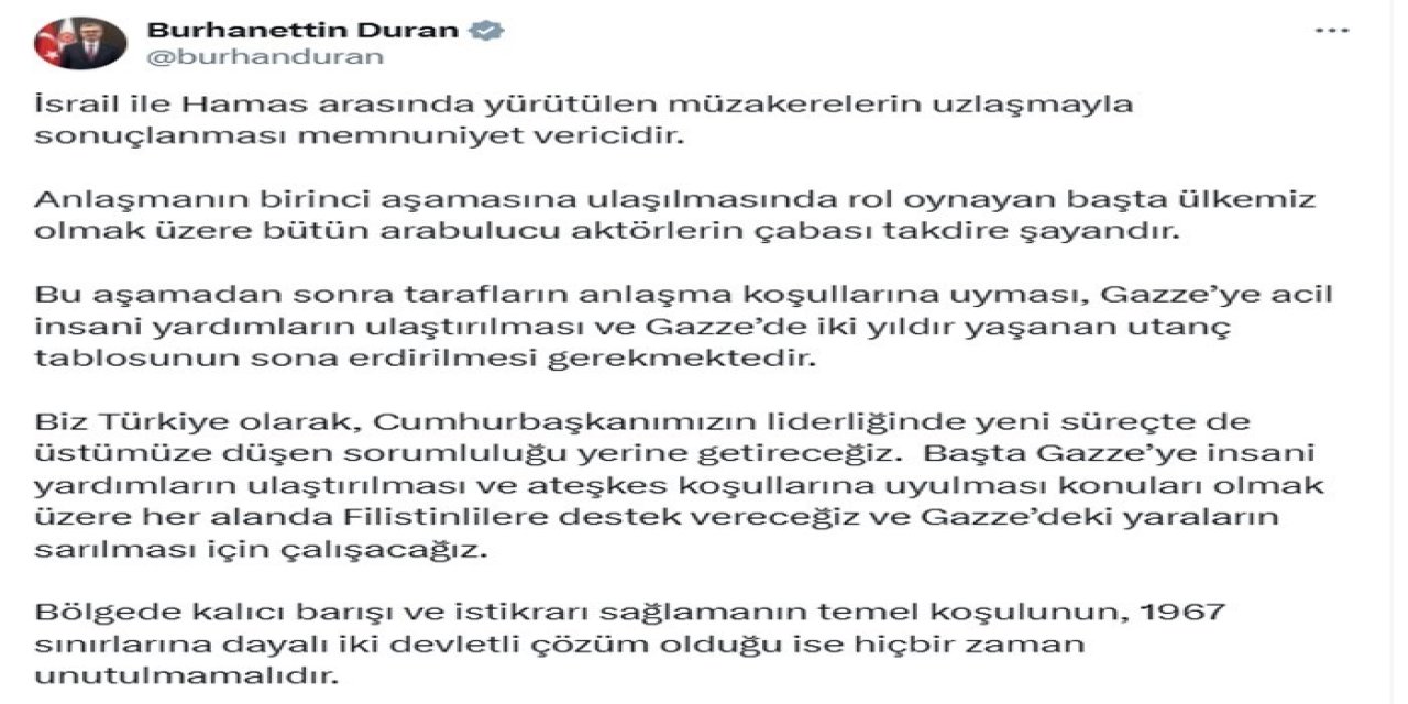 İletişim Başkanı Duran: "İsrail ile Hamas arasındaki uzlaşma memnuniyet verici"