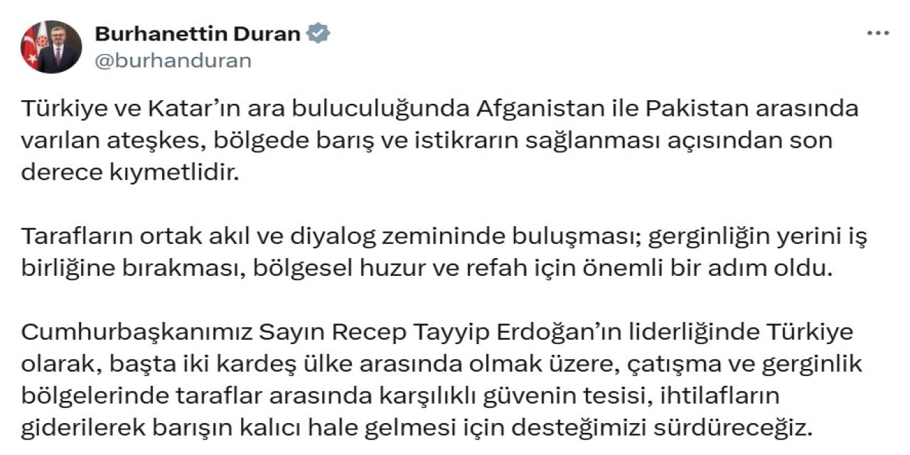 Burhanettin Duran’dan Afganistan-Pakistan ateşkesi açıklaması