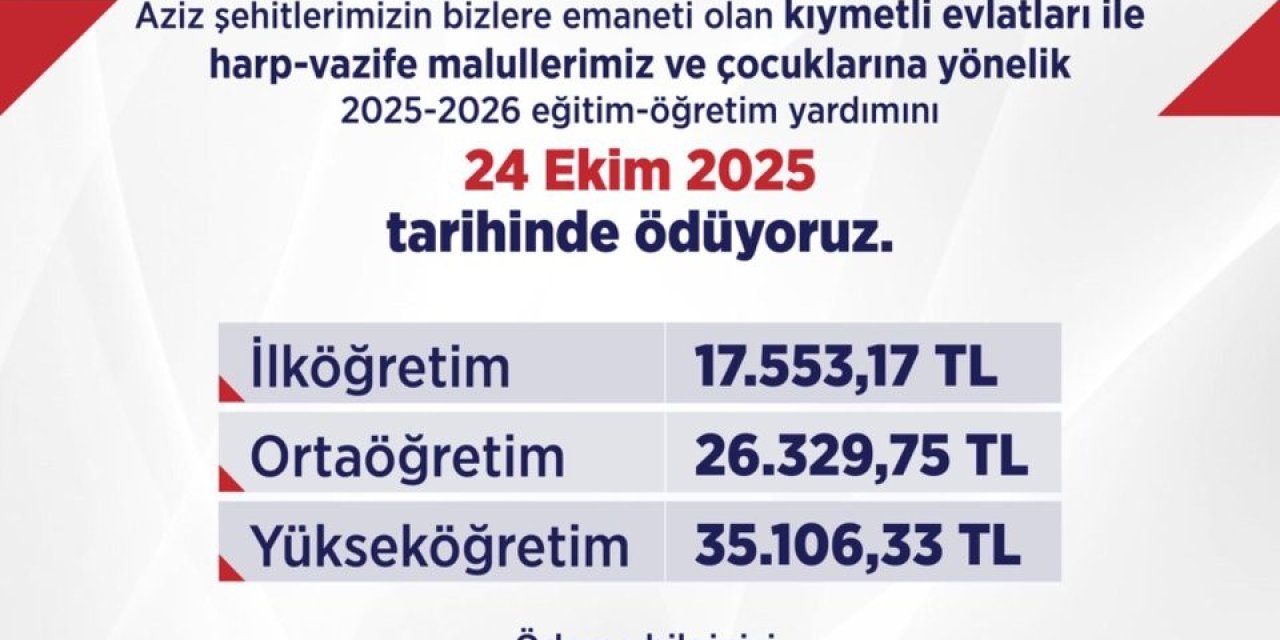 Bakan Işıkhan: "Şehitlerimizin bizlere emaneti evlatlarımıza, eğitim-öğretim yardımını 24 Ekim Cuma günü ödüyoruz"
