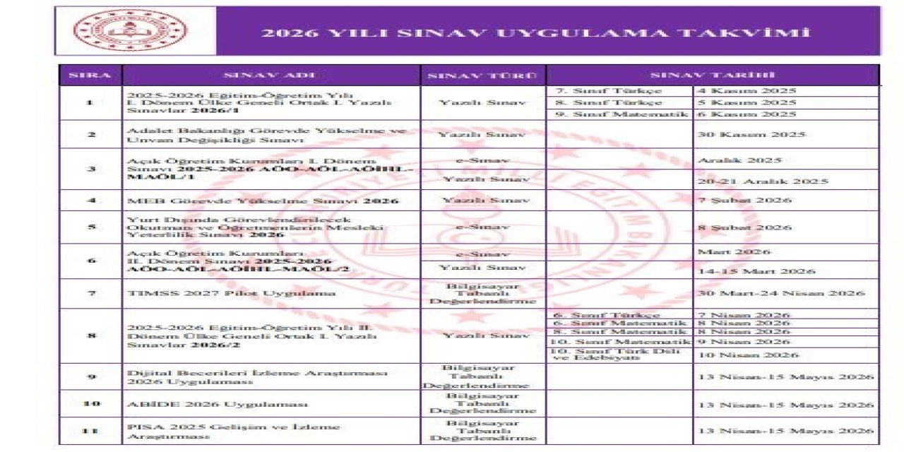 2026 yılı sınav uygulama takvimi yayımlandı