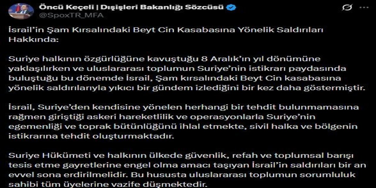 Dışişleri Bakanlığı Sözcüsü Keçeli’den İsrail’in Şam’a saldırılarına tepki