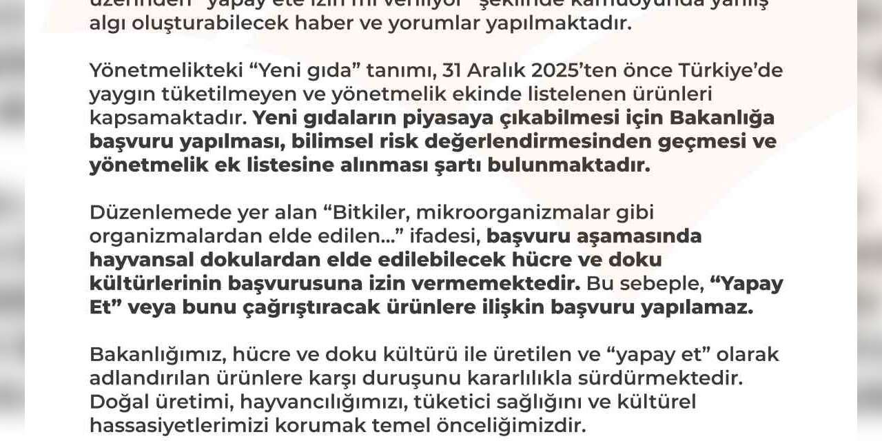 Tarım ve Orman Bakanlığı: "Türkiye sınırları içinde yapay et üretimi ve tüketimi söz konusu değildir"