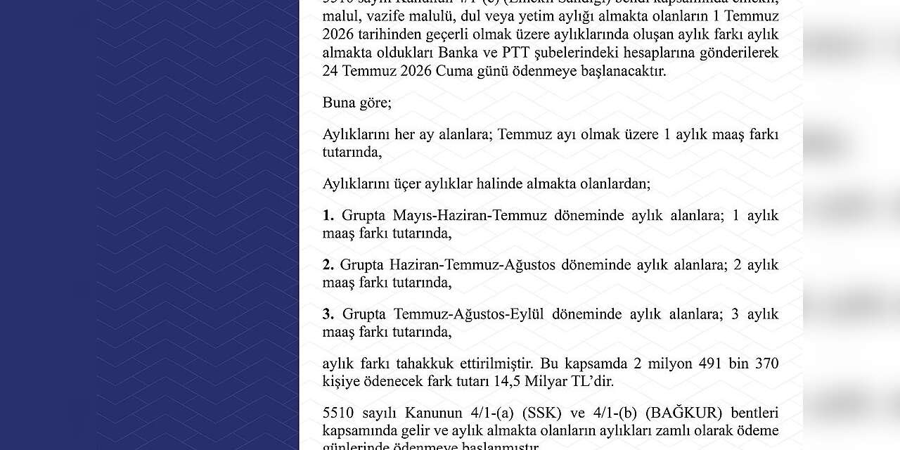 Emekli Sandığı kapsamındaki zam farkı ödemeleri 24 Temmuz’da başlayacak
