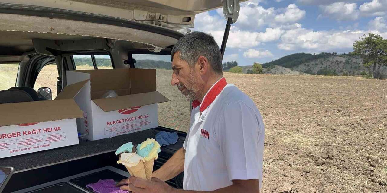 Tarlaya dondurma servisi: Mobil dondurmacı sıcak altında çalışan çiftçileri serinletiyor