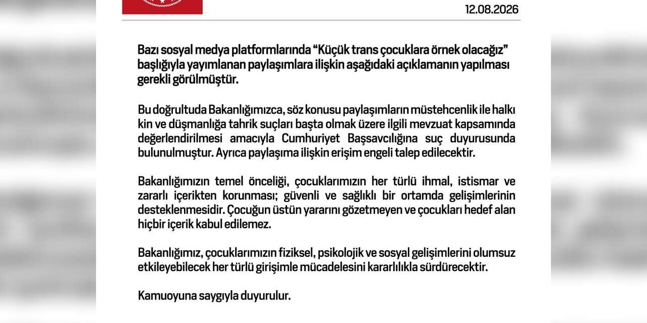 Aile ve Sosyal Hizmetler Bakanlığından "Küçük trans çocuklara örnek olacağız" paylaşımlarına suç duyurusu