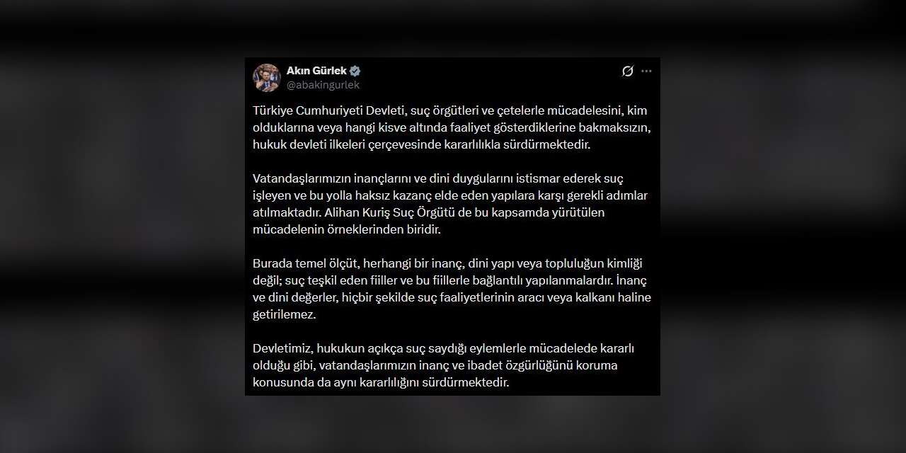 Bakan Gürlek: "İnanç ve dini değerler, hiçbir şekilde suç faaliyetlerinin aracı veya kalkanı haline getirilemez"
