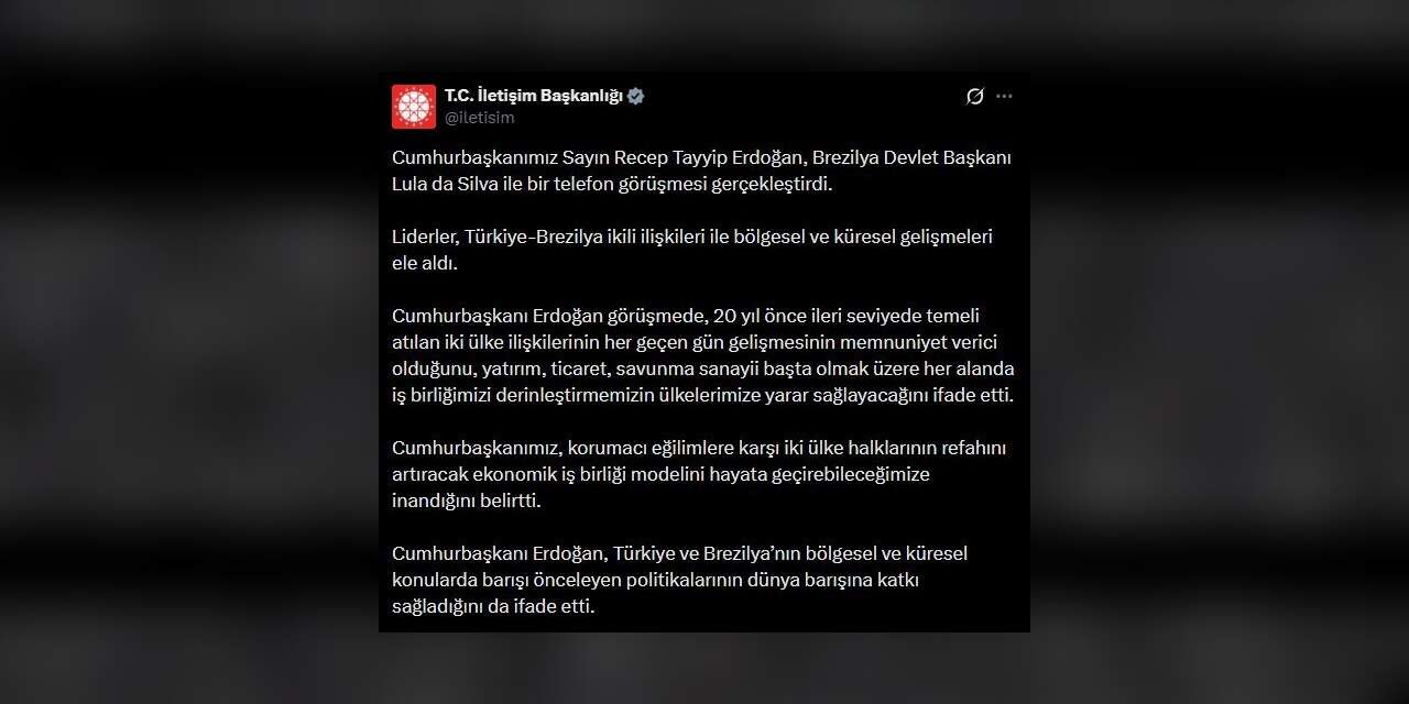 Cumhurbaşkanı Erdoğan, Brezilya Devlet Başkanı Silva ile telefonda görüştü